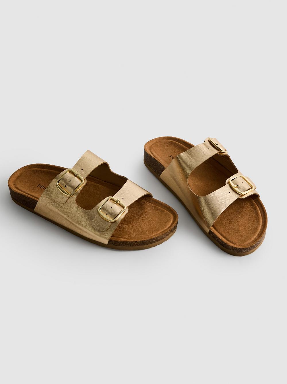 Double Buckle-Strap Mule Sandals - Gold