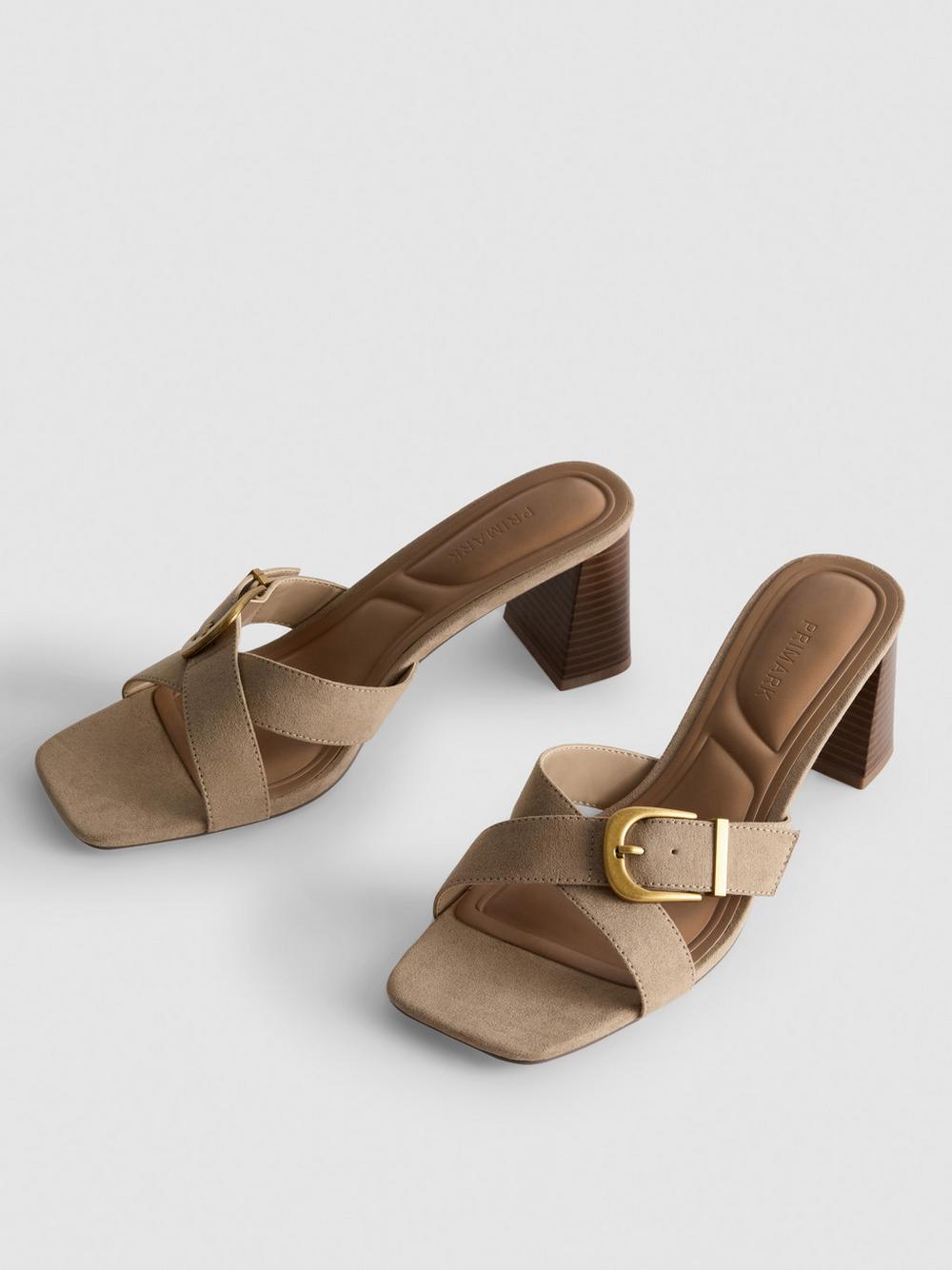 Buckle Block Heel Mule Sandals - Taupe