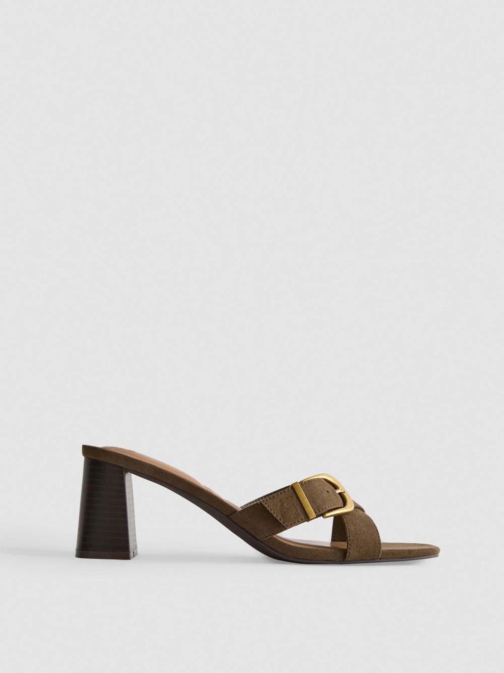Buckle Block Heel Mule Sandals - Olive