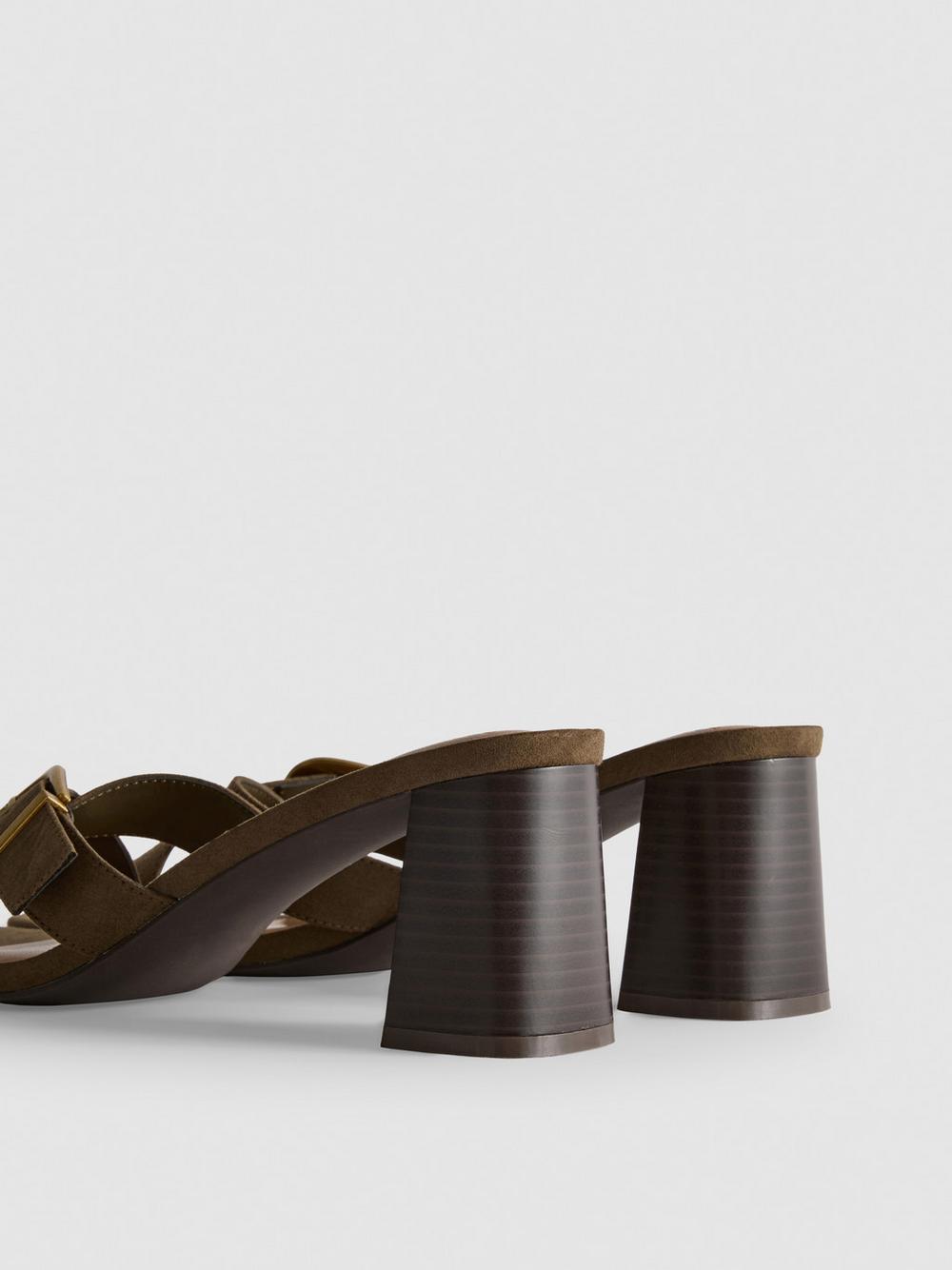 Buckle Block Heel Mule Sandals - Olive