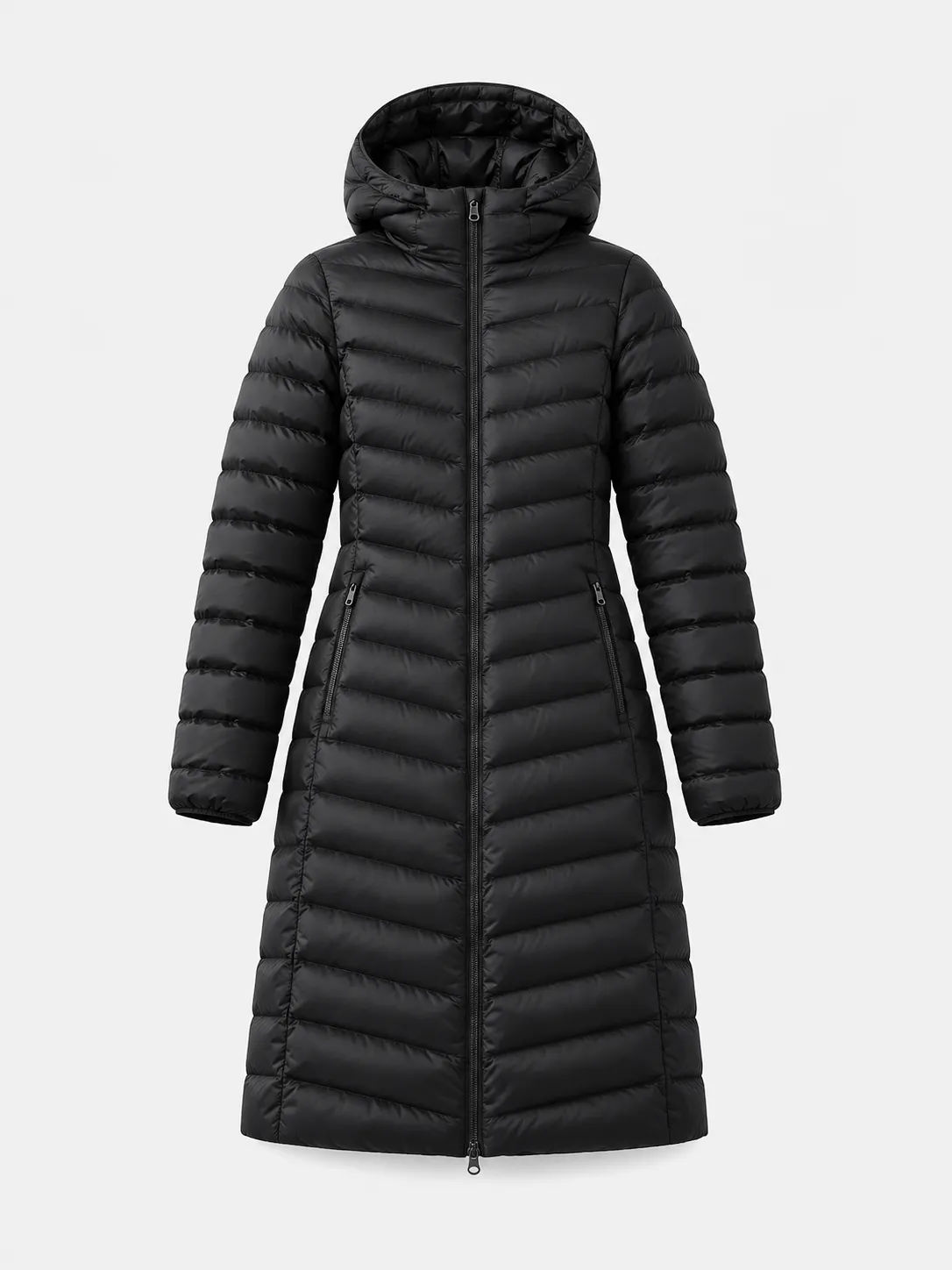 Black Longline Chevron Quilted Hooded Coat