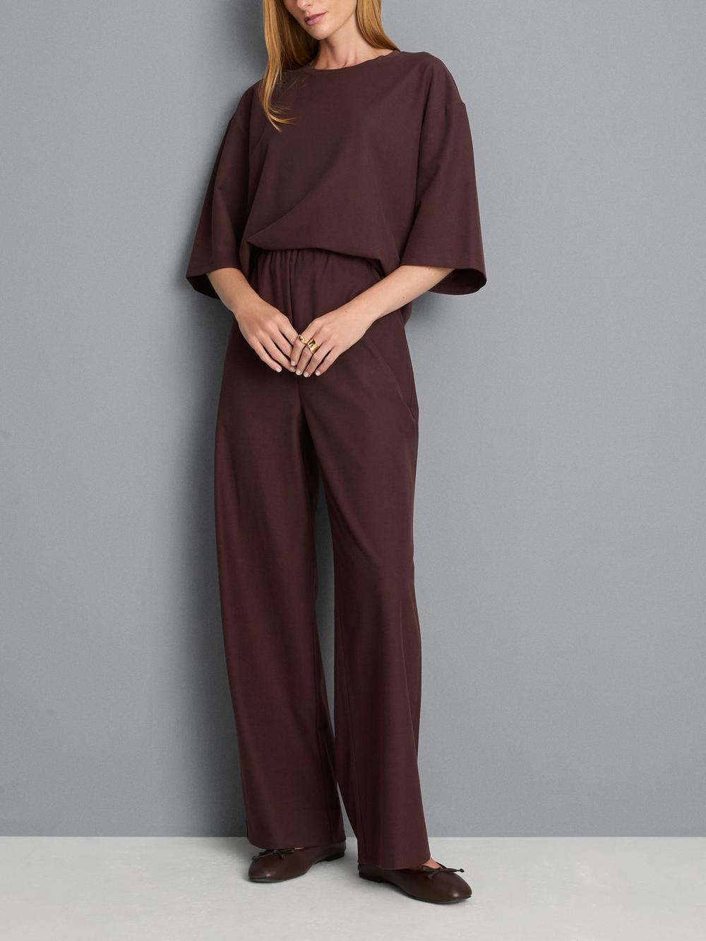 Cotton Blend Wide Leg Drawstring Pants - Brown