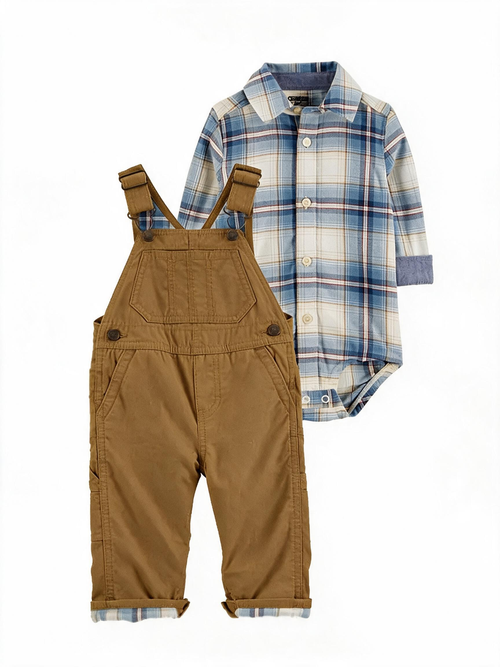Baby Plaid Button-Front Bodysuit with Lightweight Canvas Overalls