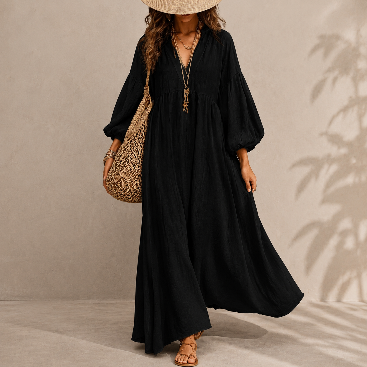 Women's Ivory Boho Maxi Dress – V Neck Long Sleeve Flowy Beach Vacation Dress