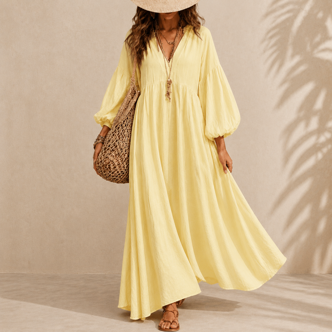 Women's Ivory Boho Maxi Dress – V Neck Long Sleeve Flowy Beach Vacation Dress