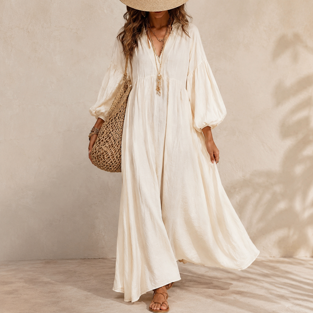 Women's Ivory Boho Maxi Dress – V Neck Long Sleeve Flowy Beach Vacation Dress