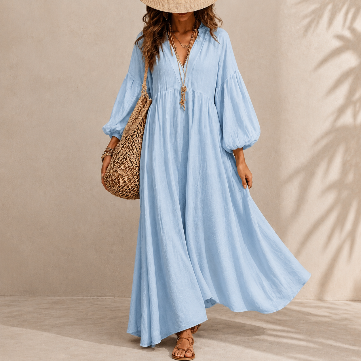 Women's Ivory Boho Maxi Dress – V Neck Long Sleeve Flowy Beach Vacation Dress