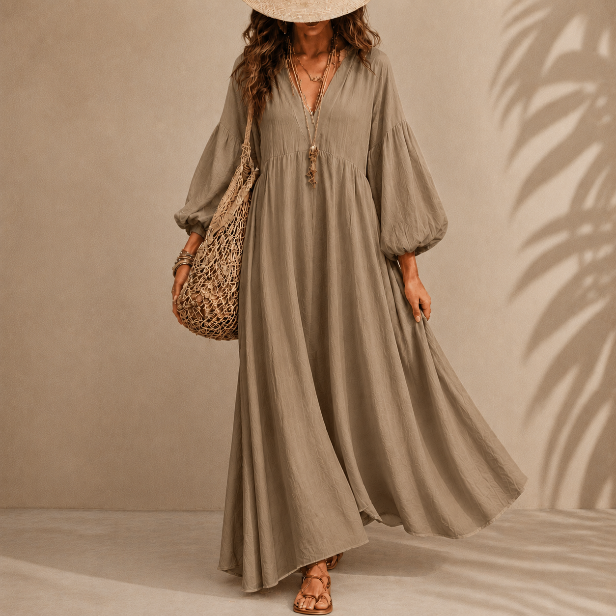 Women's Ivory Boho Maxi Dress – V Neck Long Sleeve Flowy Beach Vacation Dress