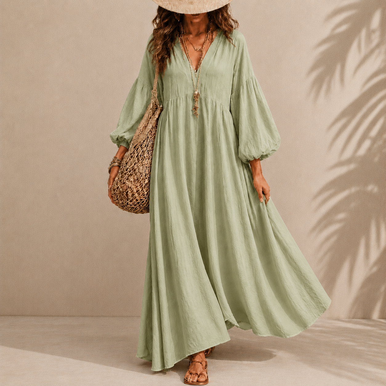 Women's Ivory Boho Maxi Dress – V Neck Long Sleeve Flowy Beach Vacation Dress