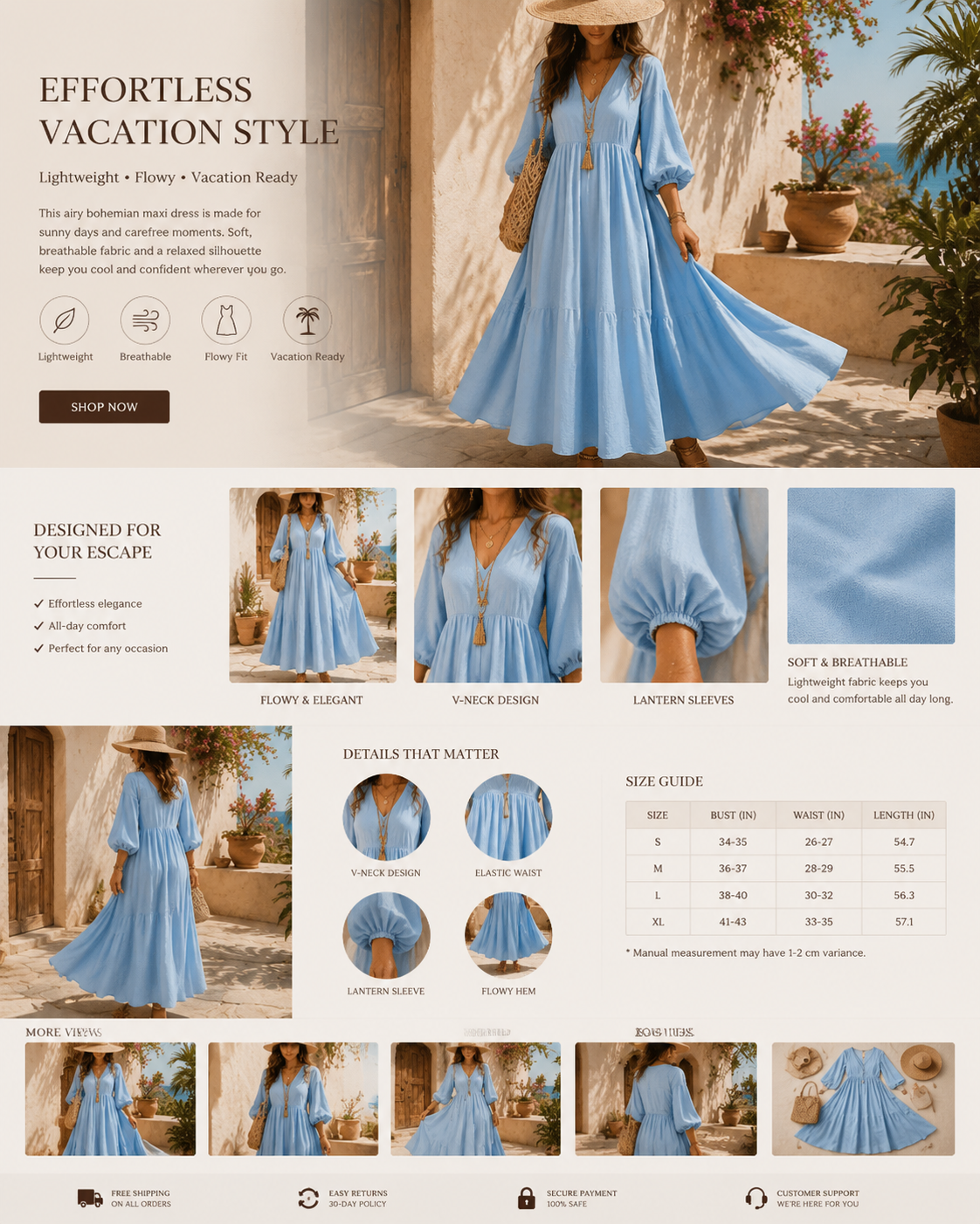 Women's Ivory Boho Maxi Dress – V Neck Long Sleeve Flowy Beach Vacation Dress
