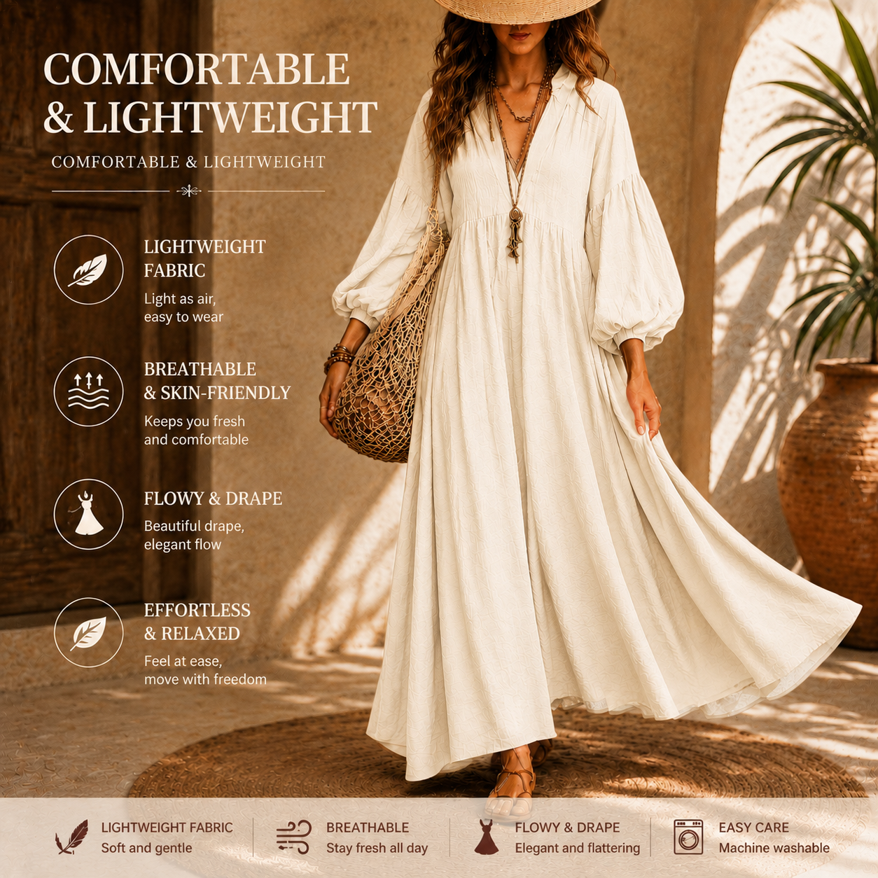 Women's Ivory Boho Maxi Dress – V Neck Long Sleeve Flowy Beach Vacation Dress