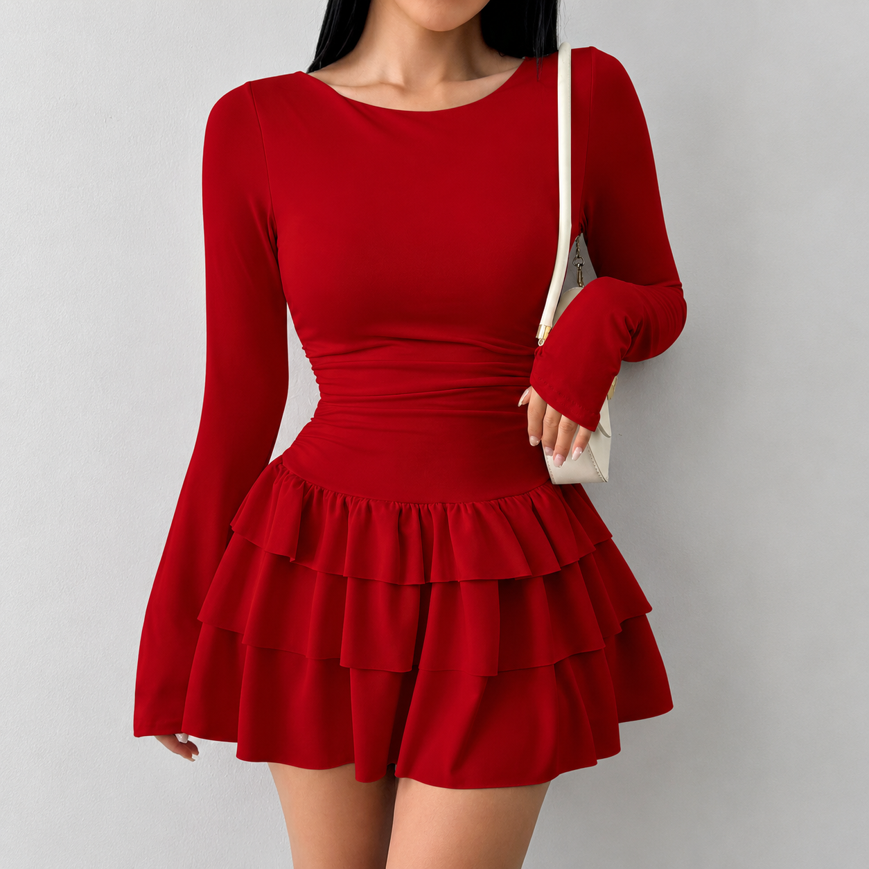 Women's Chocolate Brown Ruffle Mini Dress | Long Sleeve Slim Fit Flare Dress for Date Night, Party & Vacation