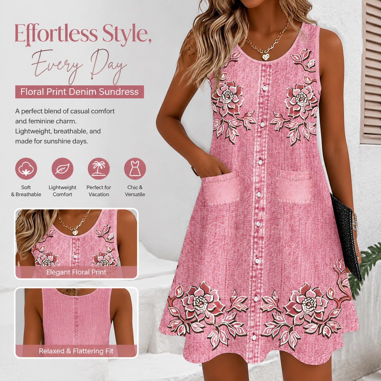 Women's Floral Embroidered Mini Dress – Sleeveless Button Front A-Line Summer Vacation Dress with Pockets