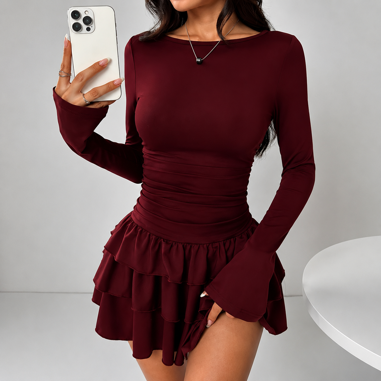 Women's Chocolate Brown Ruffle Mini Dress | Long Sleeve Slim Fit Flare Dress for Date Night, Party & Vacation