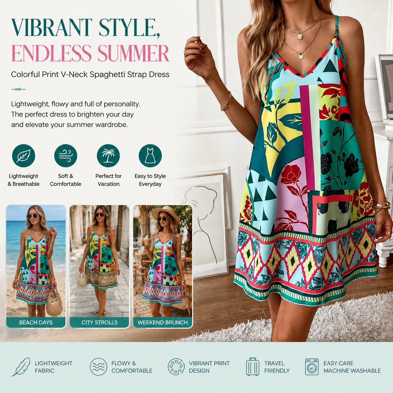 Women's Boho Floral Print Mini Dress, Sleeveless V Neck Casual Summer Dress, Loose A-Line Beach Vacation Dress