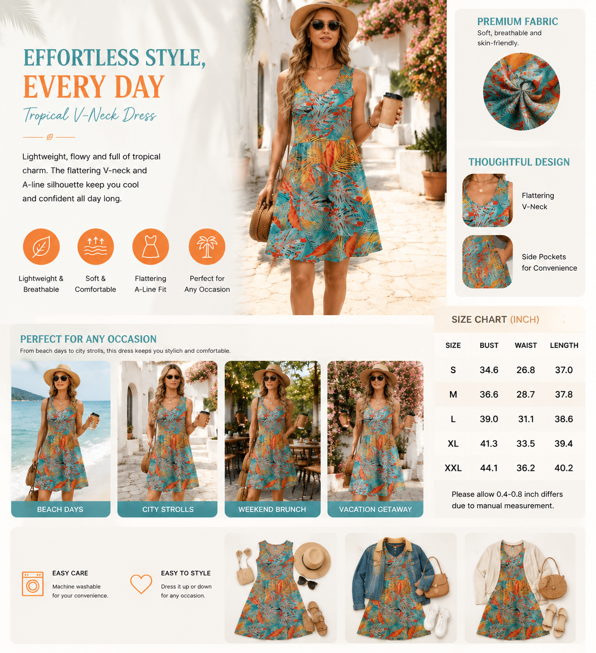 Women's Floral Sundress, Sleeveless V Neck Mini Dress with Pockets, Casual A-Line Summer Dress for Beach Vacation