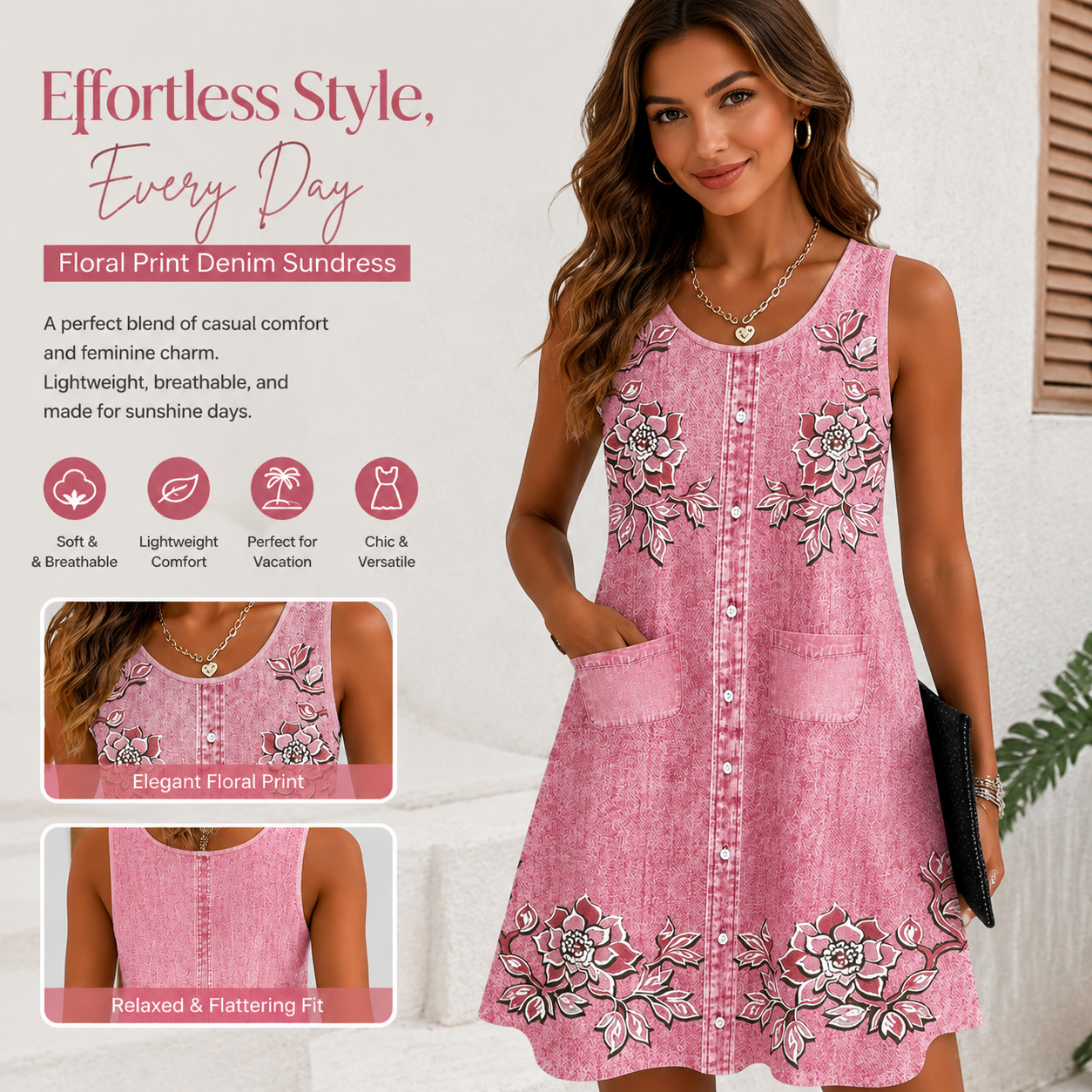 Women's Floral Embroidered Mini Dress – Sleeveless Button Front A-Line Summer Vacation Dress with Pockets