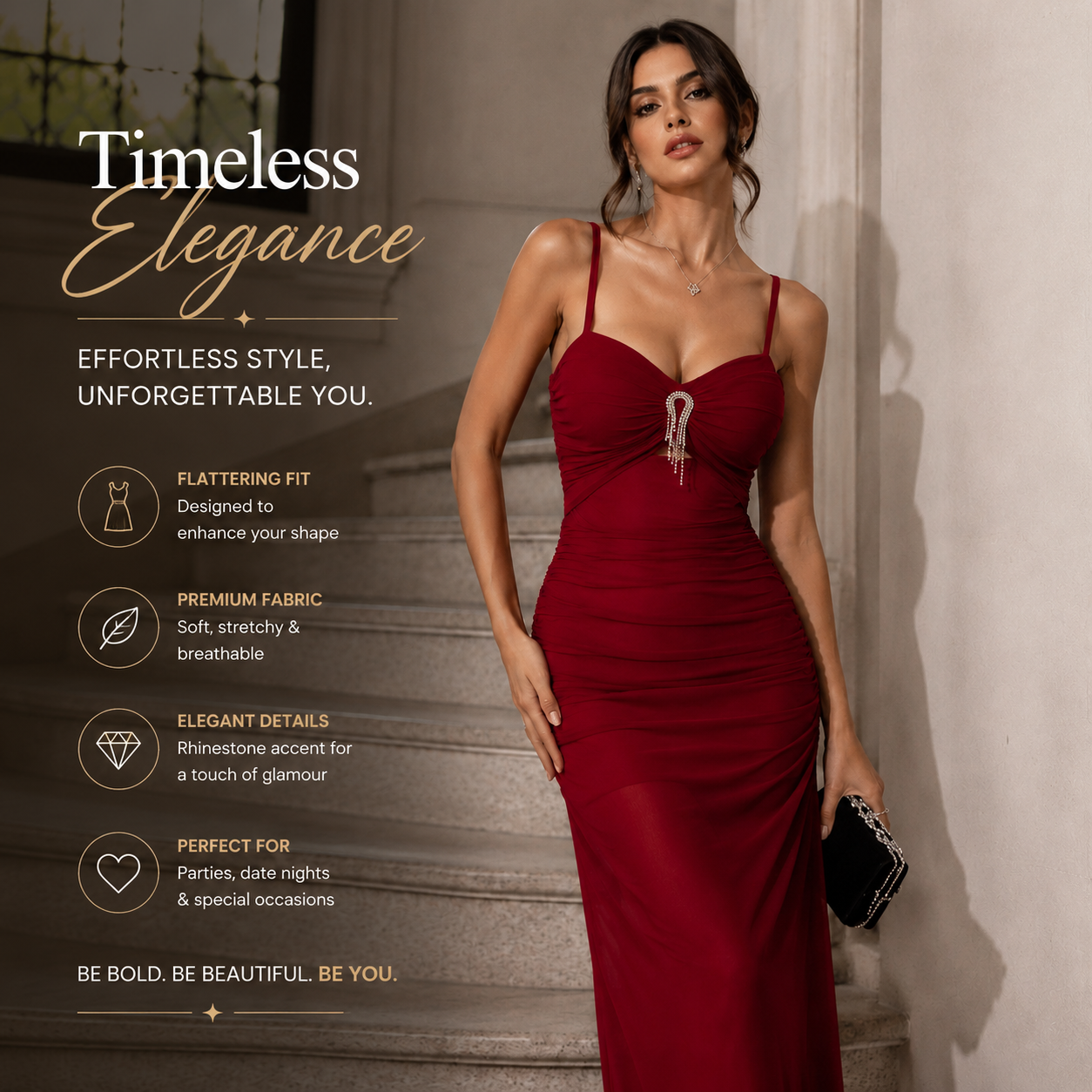 Women's Red Ruched Maxi Dress – Rhinestone Spaghetti Strap Bodycon Evening Dress