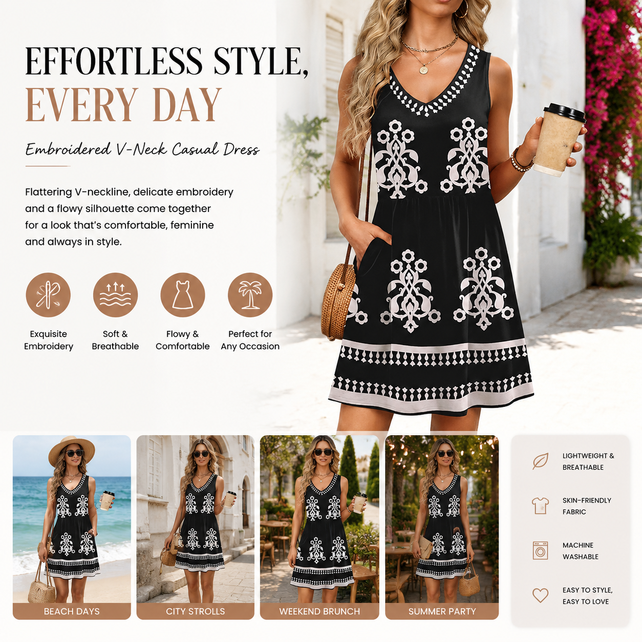 Women's Floral Sundress, Sleeveless V Neck Mini Dress with Pockets, Casual A-Line Summer Dress for Beach Vacation
