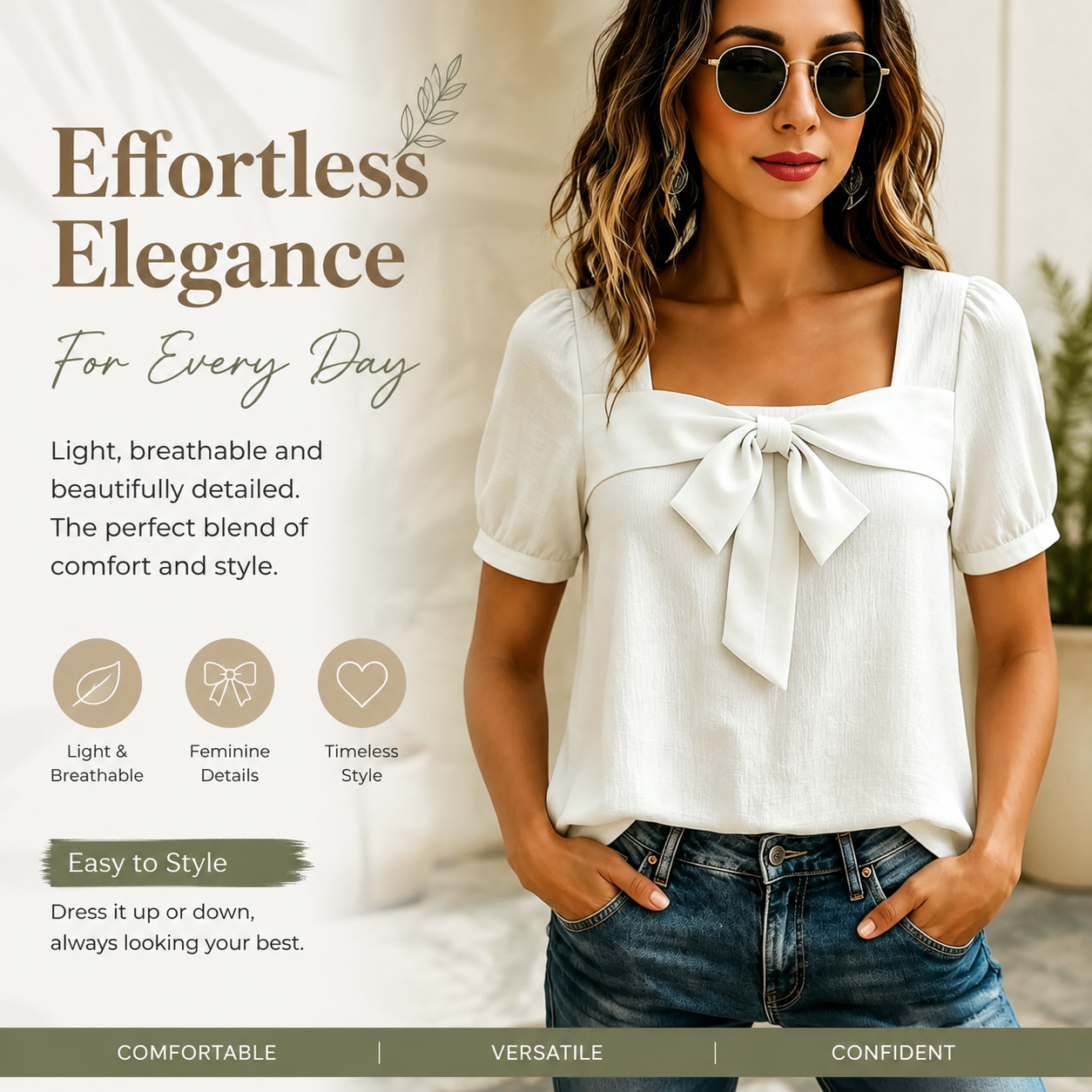 Women's Bow Front Blouse – Square Neck Puff Sleeve Casual Top, Elegant Short Sleeve Shirt for Women
