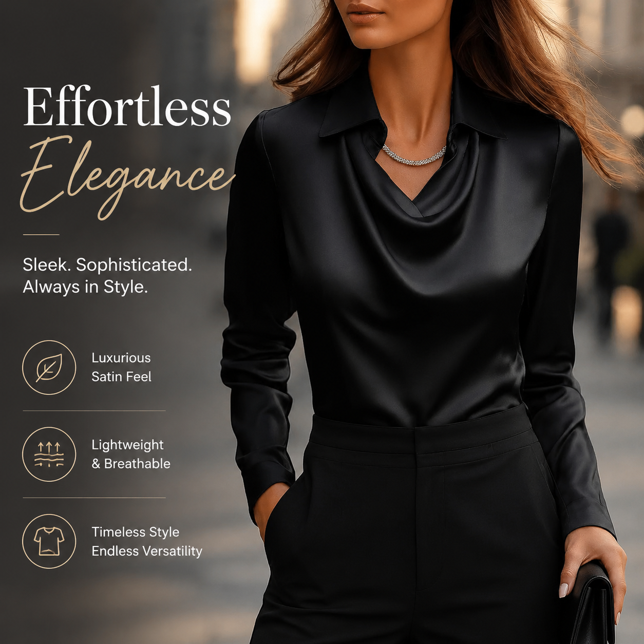 Women's Satin Blouse Top, Cowl Neck Collared Shirt, Elegant Loose Fit Office Work Top for Women