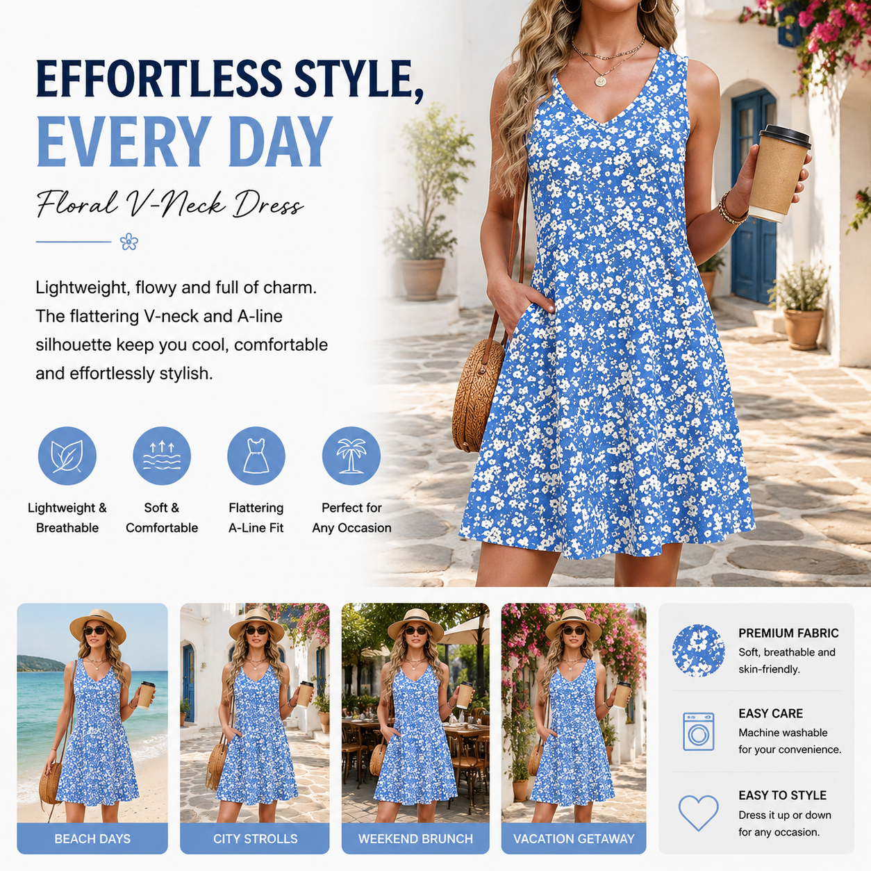 Women's Floral Sundress, Sleeveless V Neck Mini Dress with Pockets, Casual A-Line Summer Dress for Beach Vacation