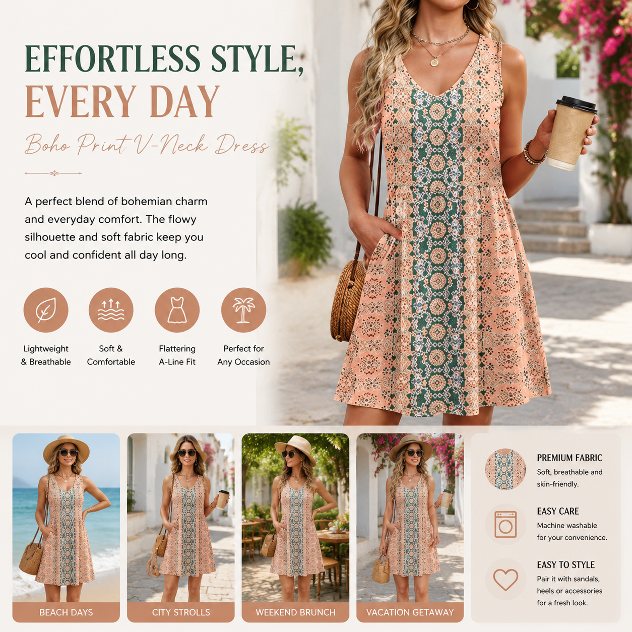 Women's Floral Sundress, Sleeveless V Neck Mini Dress with Pockets, Casual A-Line Summer Dress for Beach Vacation
