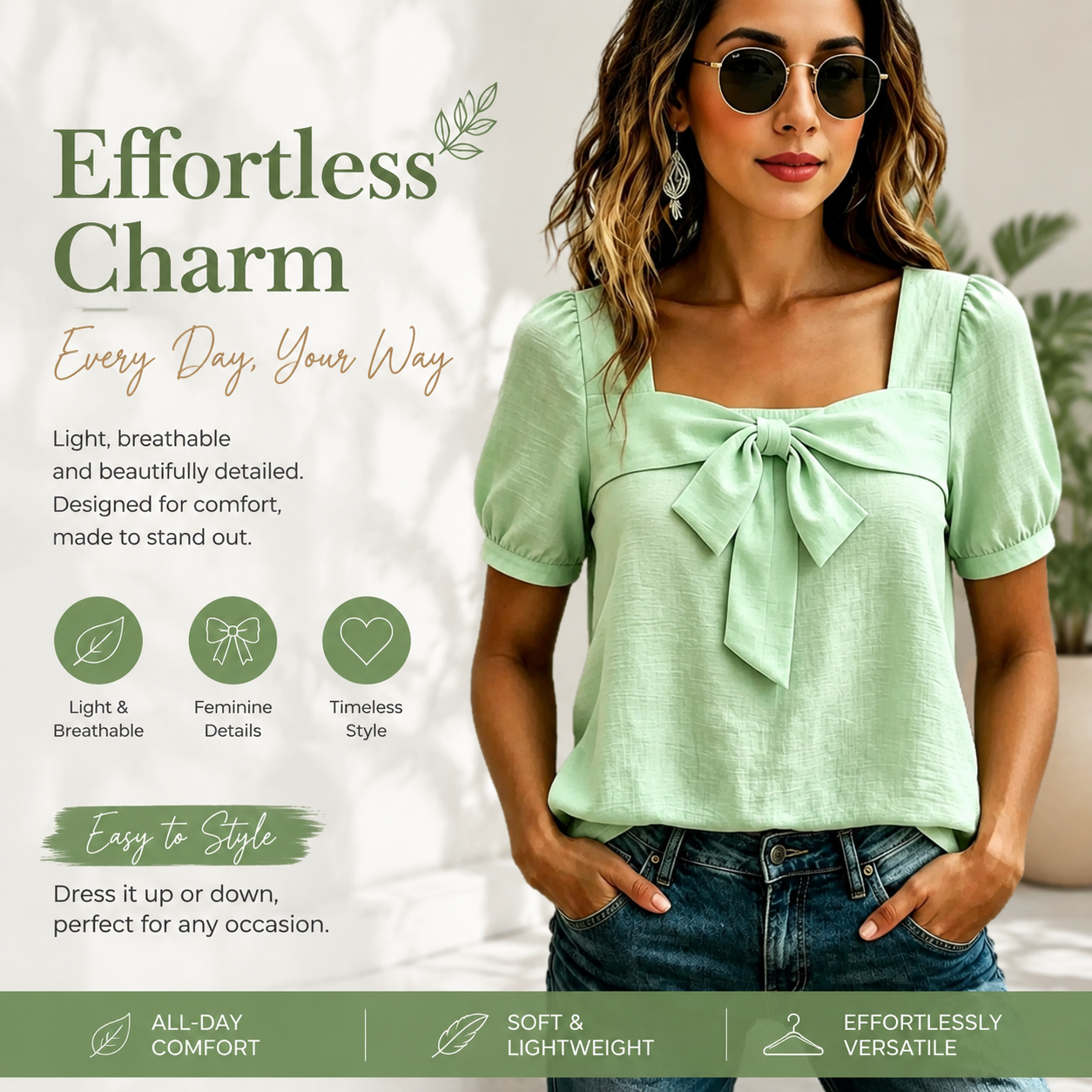 Women's Bow Front Blouse – Square Neck Puff Sleeve Casual Top, Elegant Short Sleeve Shirt for Women