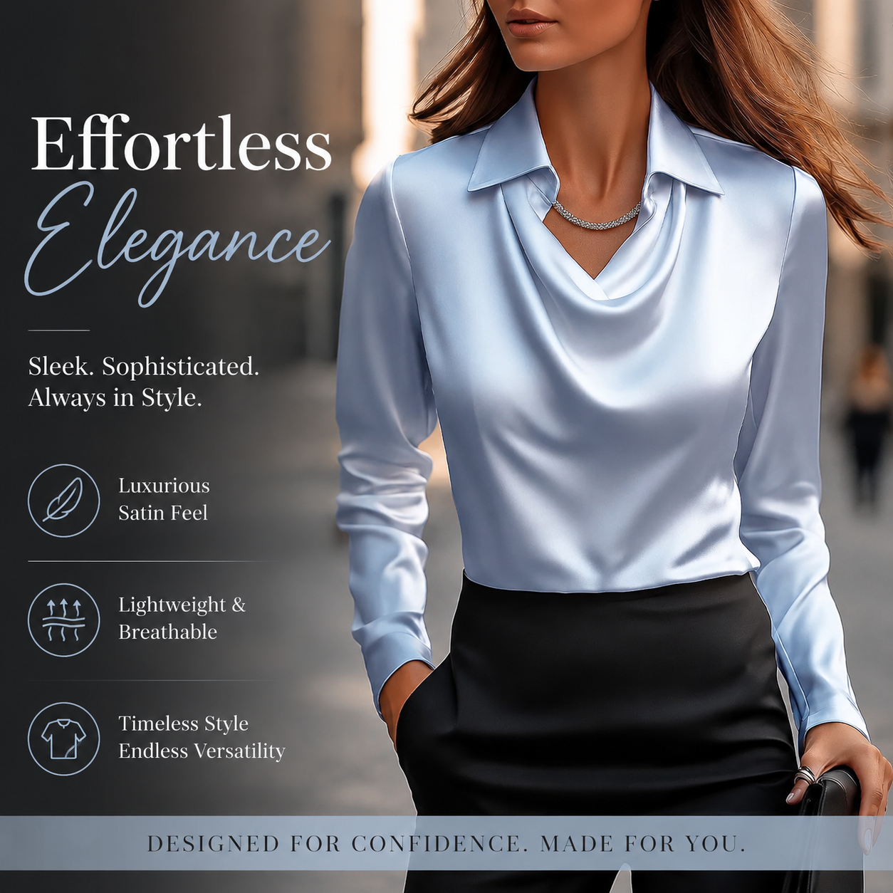 Women's Satin Blouse Top, Cowl Neck Collared Shirt, Elegant Loose Fit Office Work Top for Women