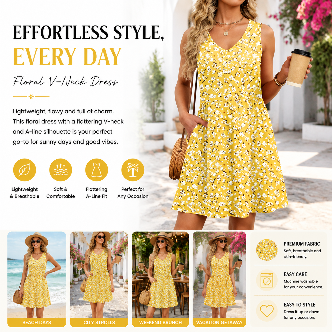 Women's Floral Sundress, Sleeveless V Neck Mini Dress with Pockets, Casual A-Line Summer Dress for Beach Vacation