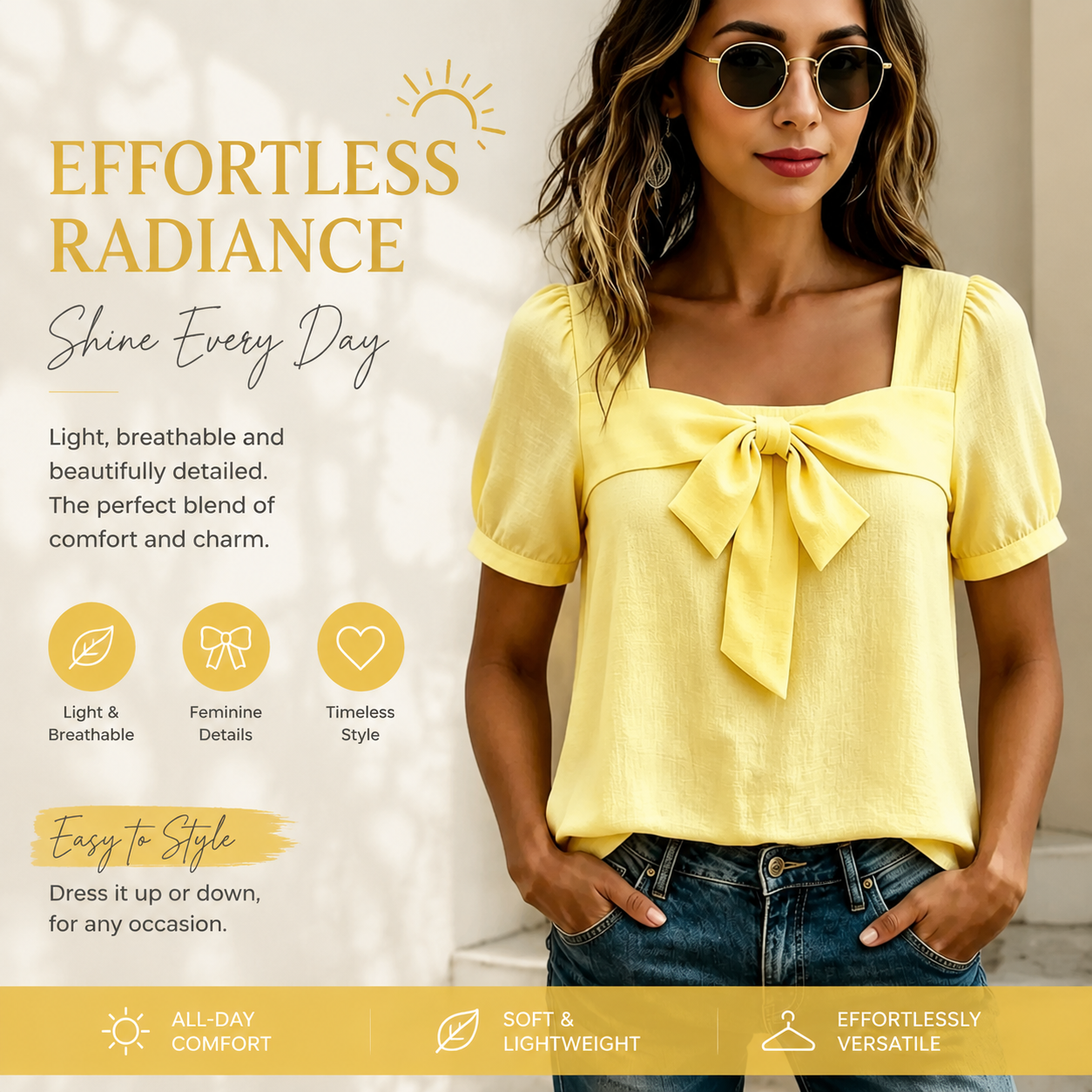 Women's Bow Front Blouse – Square Neck Puff Sleeve Casual Top, Elegant Short Sleeve Shirt for Women