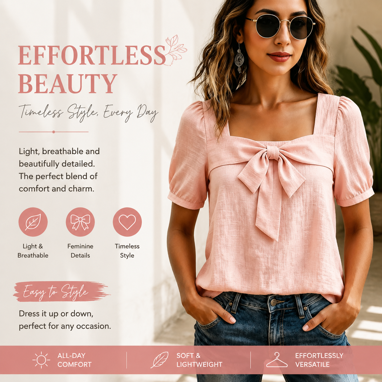 Women's Bow Front Blouse – Square Neck Puff Sleeve Casual Top, Elegant Short Sleeve Shirt for Women