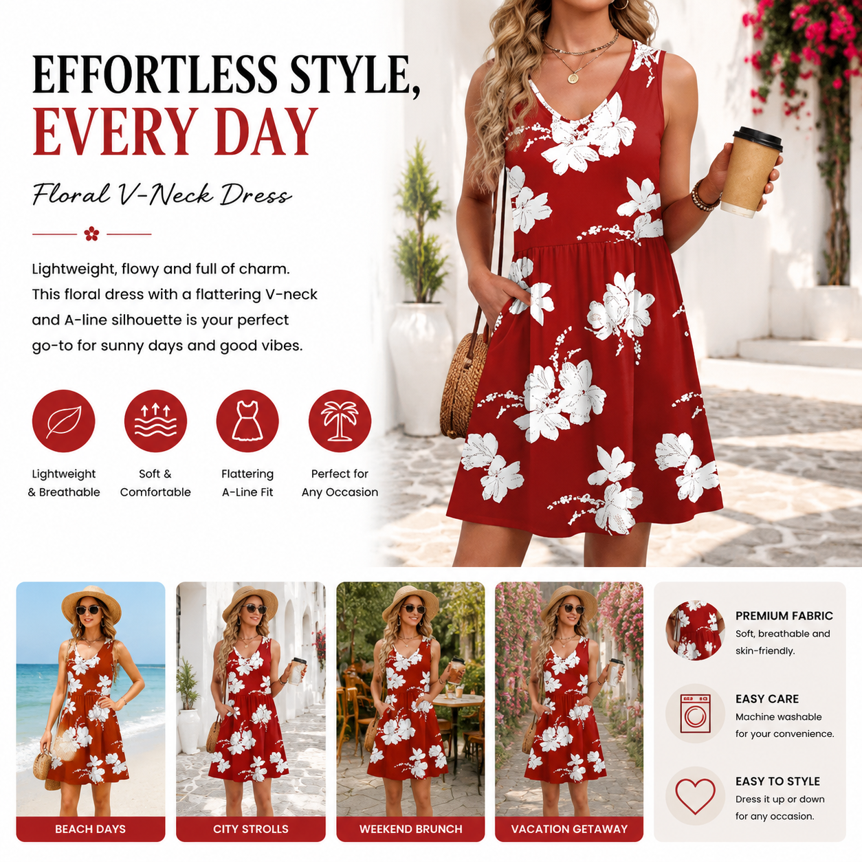 Women's Floral Sundress, Sleeveless V Neck Mini Dress with Pockets, Casual A-Line Summer Dress for Beach Vacation