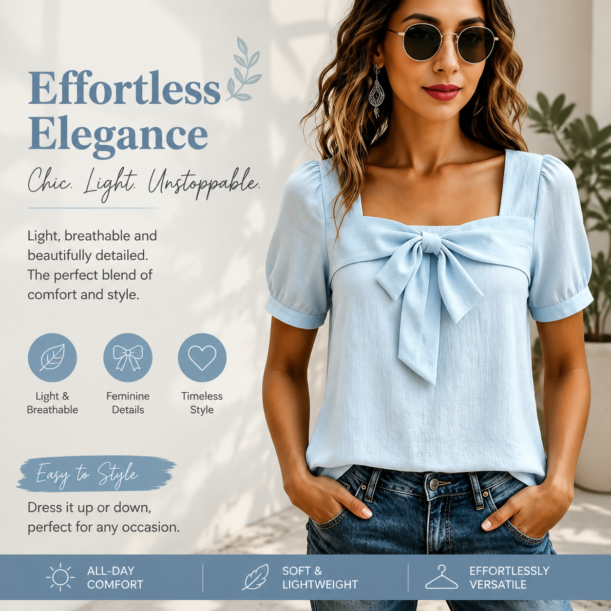 Women's Bow Front Blouse – Square Neck Puff Sleeve Casual Top, Elegant Short Sleeve Shirt for Women