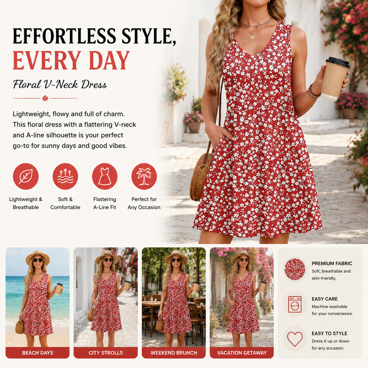 Women's Floral Sundress, Sleeveless V Neck Mini Dress with Pockets, Casual A-Line Summer Dress for Beach Vacation
