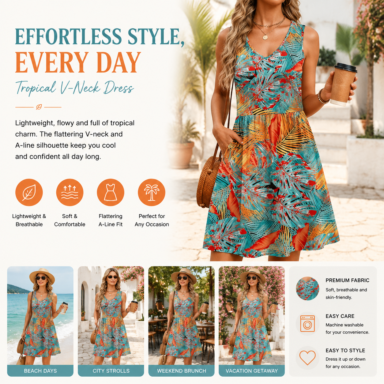 Women's Floral Sundress, Sleeveless V Neck Mini Dress with Pockets, Casual A-Line Summer Dress for Beach Vacation