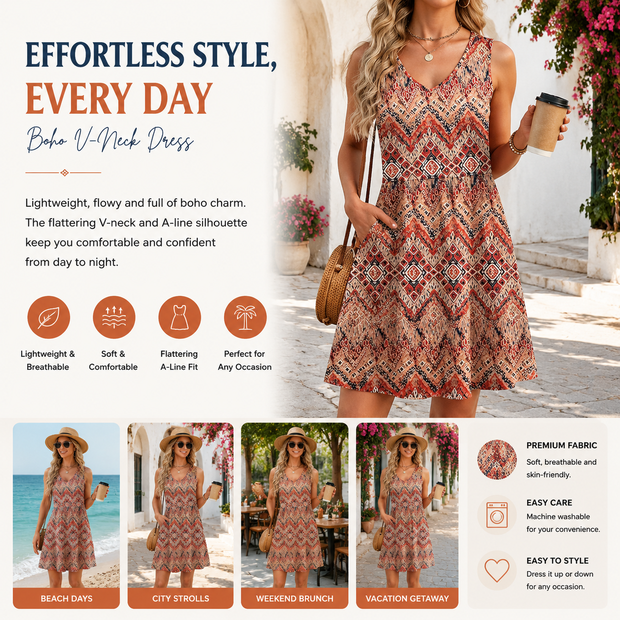 Women's Floral Sundress, Sleeveless V Neck Mini Dress with Pockets, Casual A-Line Summer Dress for Beach Vacation