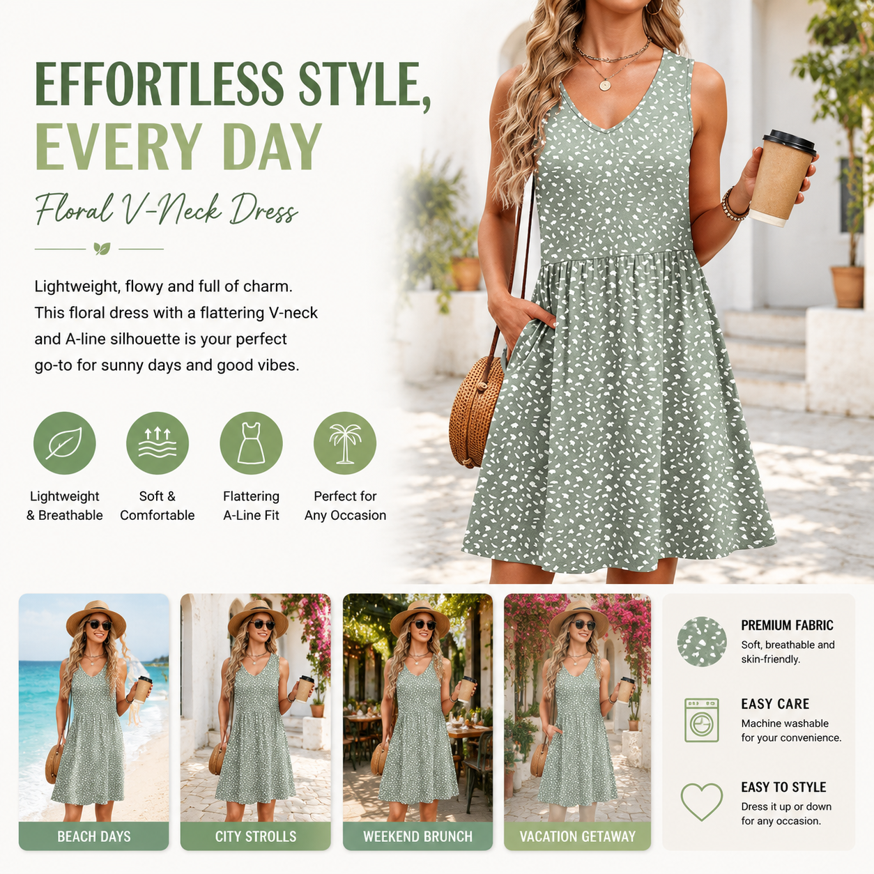 Women's Floral Sundress, Sleeveless V Neck Mini Dress with Pockets, Casual A-Line Summer Dress for Beach Vacation