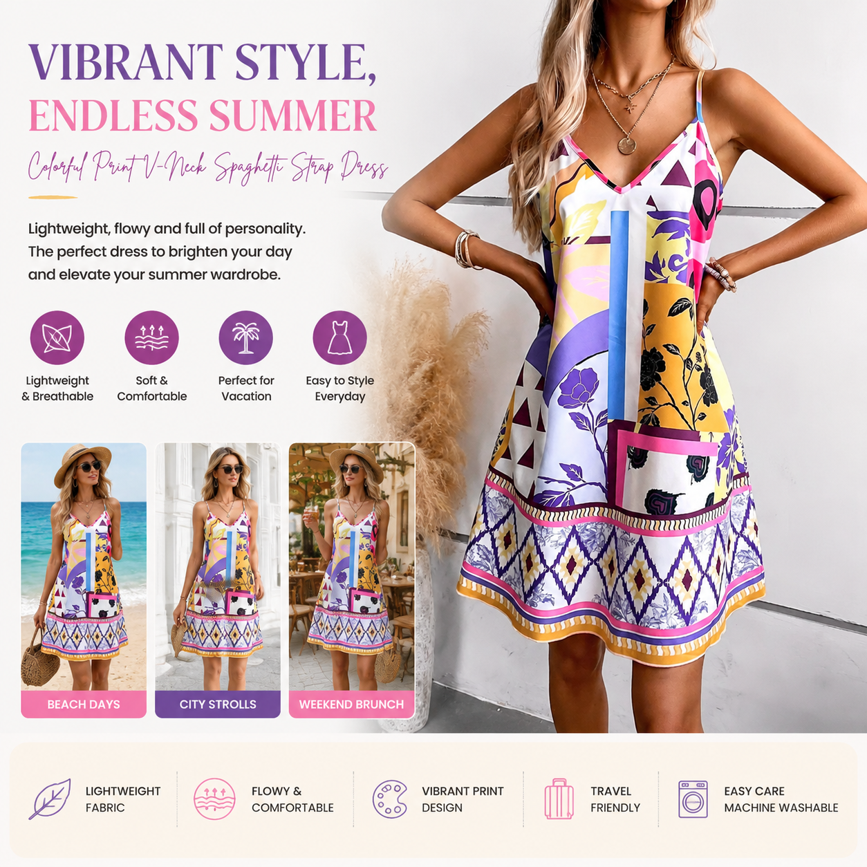 Women's Boho Floral Print Mini Dress, Sleeveless V Neck Casual Summer Dress, Loose A-Line Beach Vacation Dress