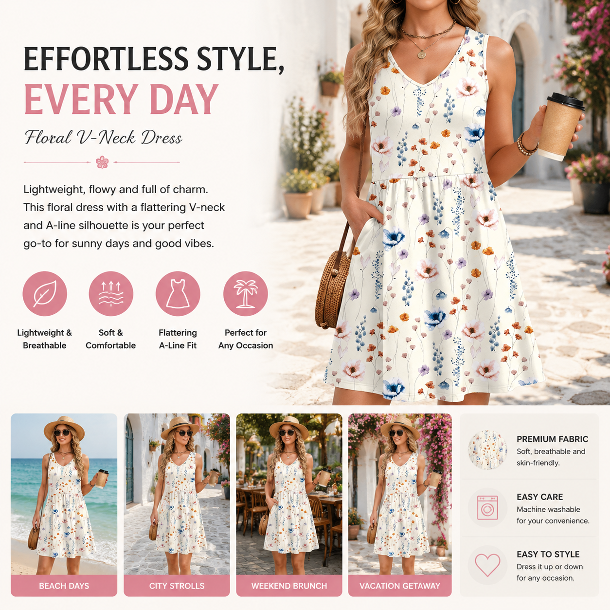 Women's Floral Sundress, Sleeveless V Neck Mini Dress with Pockets, Casual A-Line Summer Dress for Beach Vacation