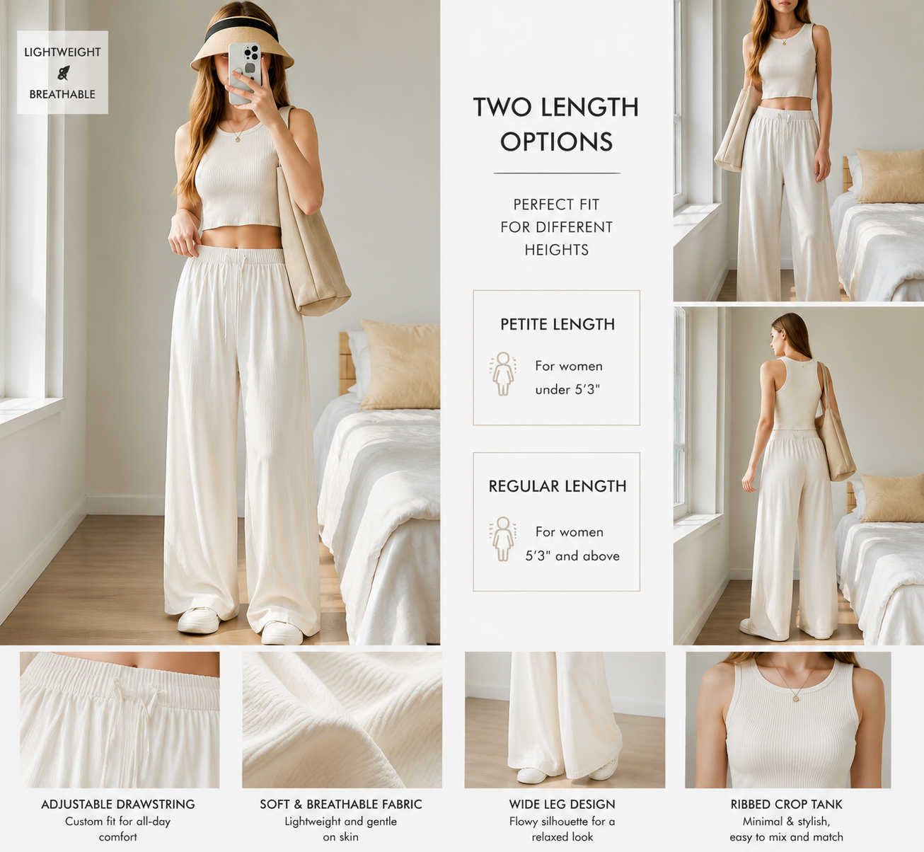 Women's White Ribbed Crop Tank Top & Wide Leg Pants Set | Minimalist Summer Lounge Outfit