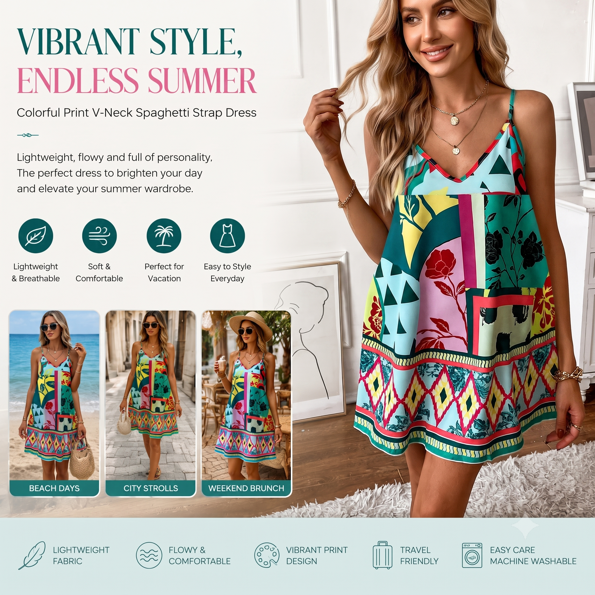 Women's Boho Floral Print Mini Dress, Sleeveless V Neck Casual Summer Dress, Loose A-Line Beach Vacation Dress
