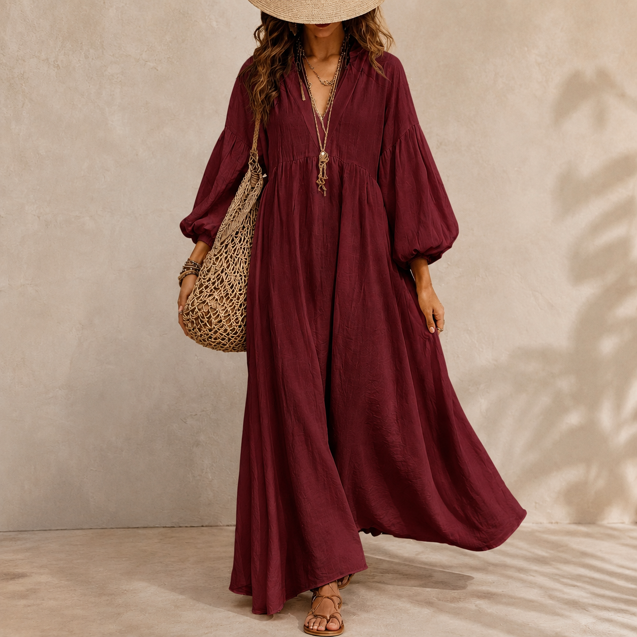 Women's Ivory Boho Maxi Dress – V Neck Long Sleeve Flowy Beach Vacation Dress