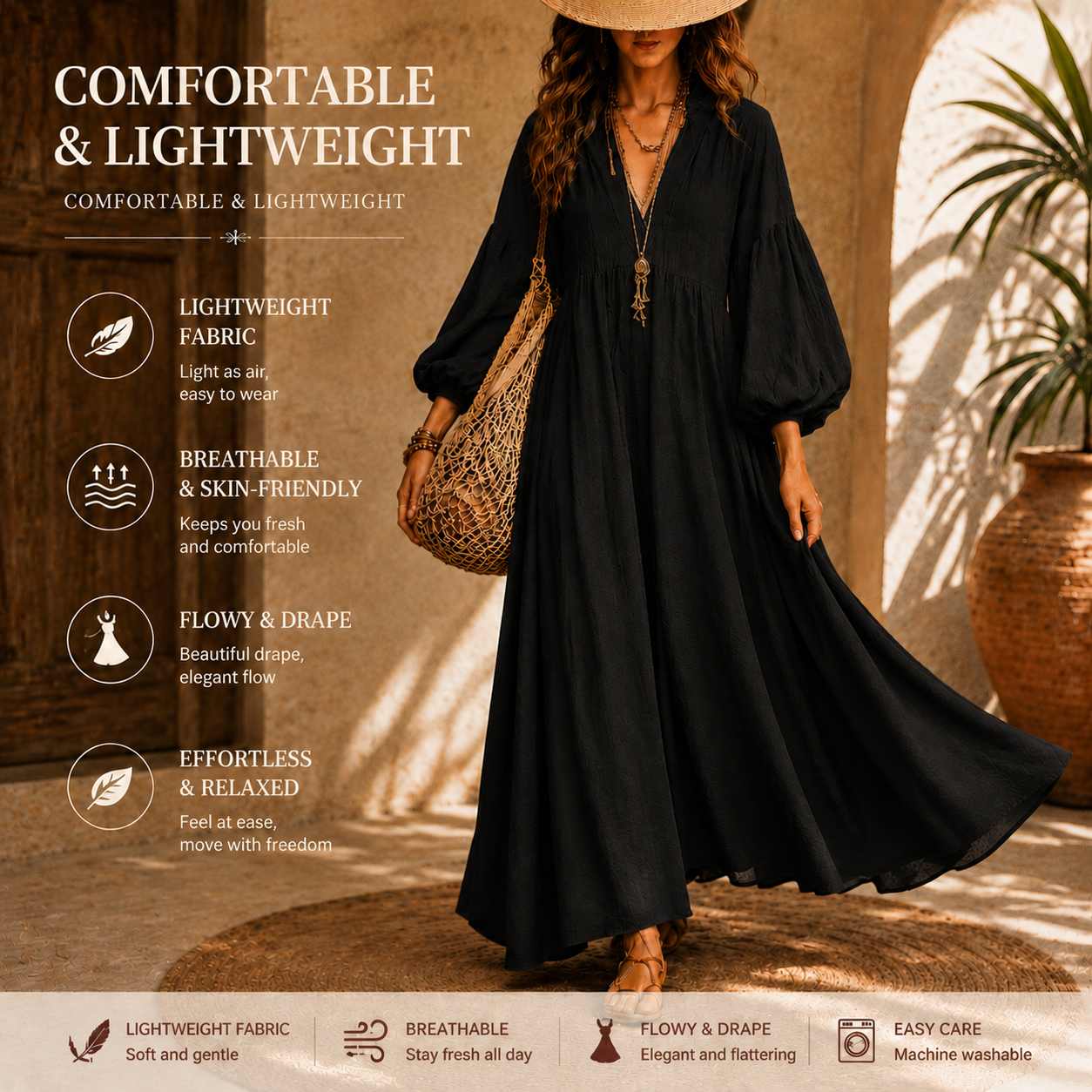 Women's Ivory Boho Maxi Dress – V Neck Long Sleeve Flowy Beach Vacation Dress