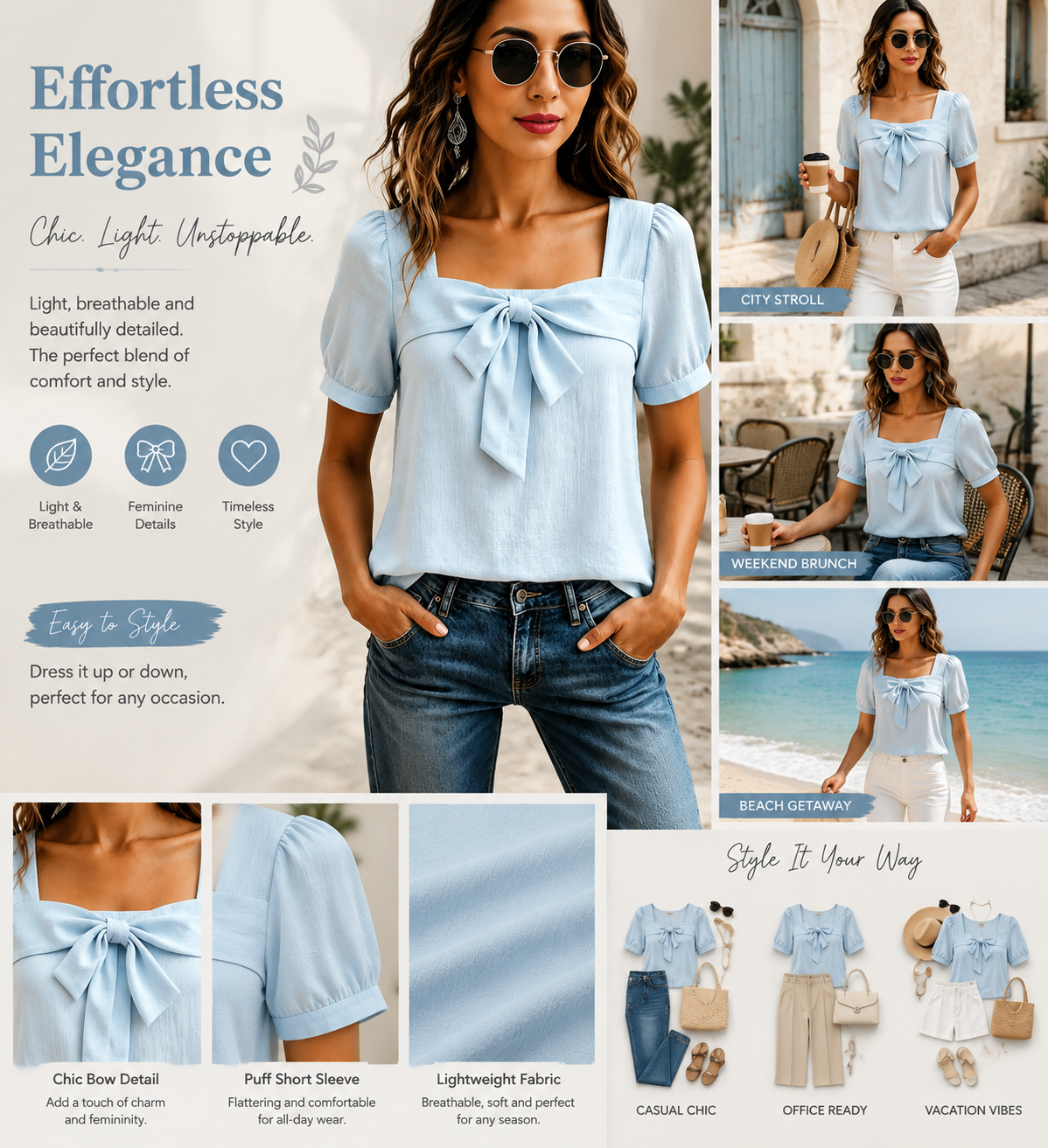 Women's Bow Front Blouse – Square Neck Puff Sleeve Casual Top, Elegant Short Sleeve Shirt for Women