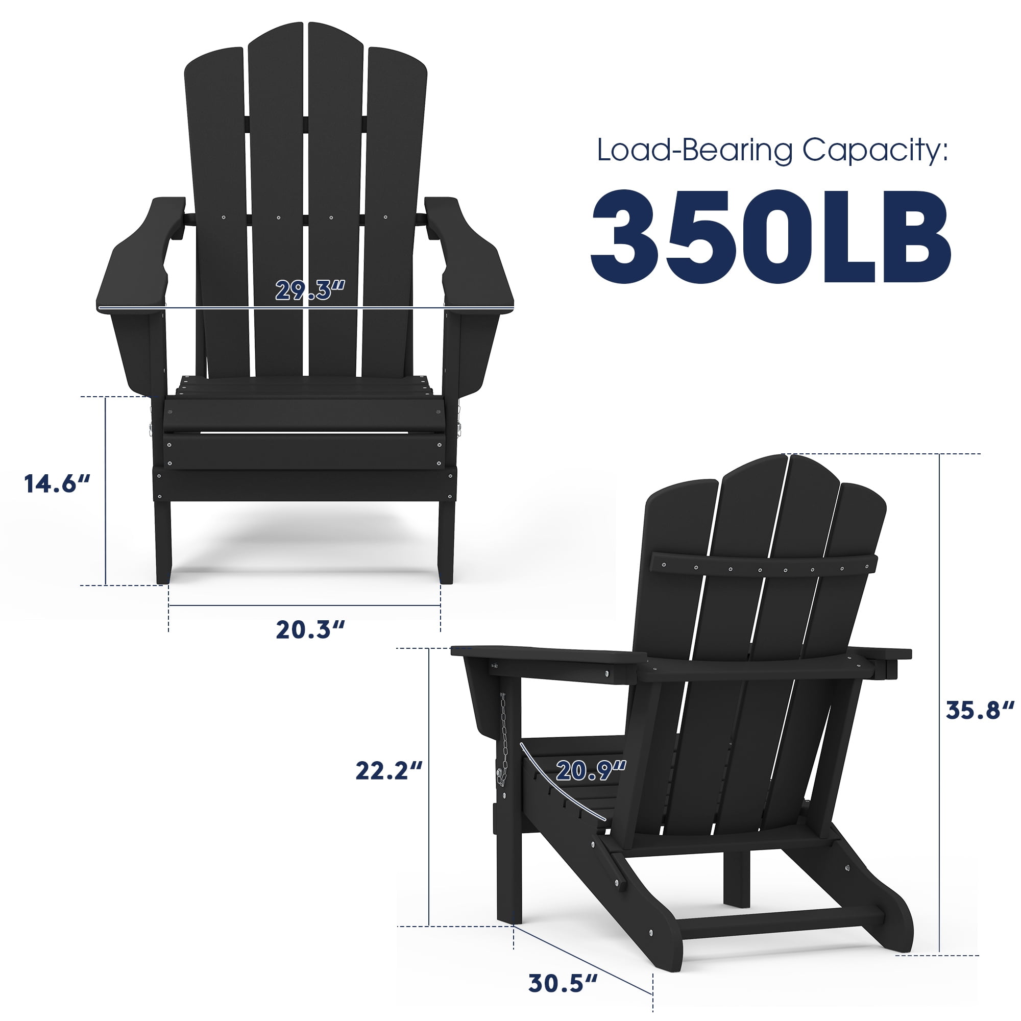 Outdoor Patio Folding HDPE Resin Adirondack Chair, Black-Aldronix