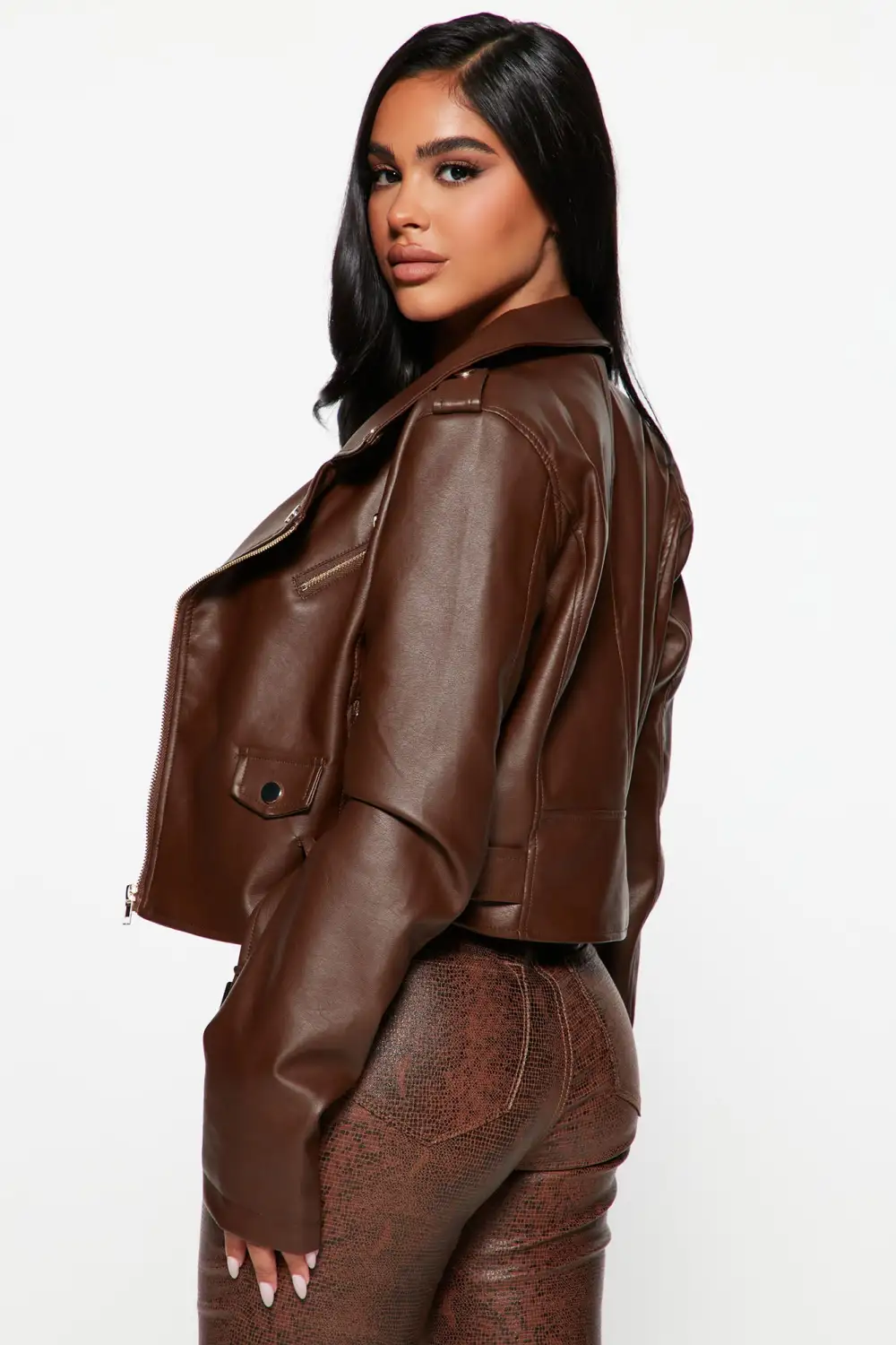 Remind Me Later Faux Leather Jacket - Mocha/Gold-Aldronix