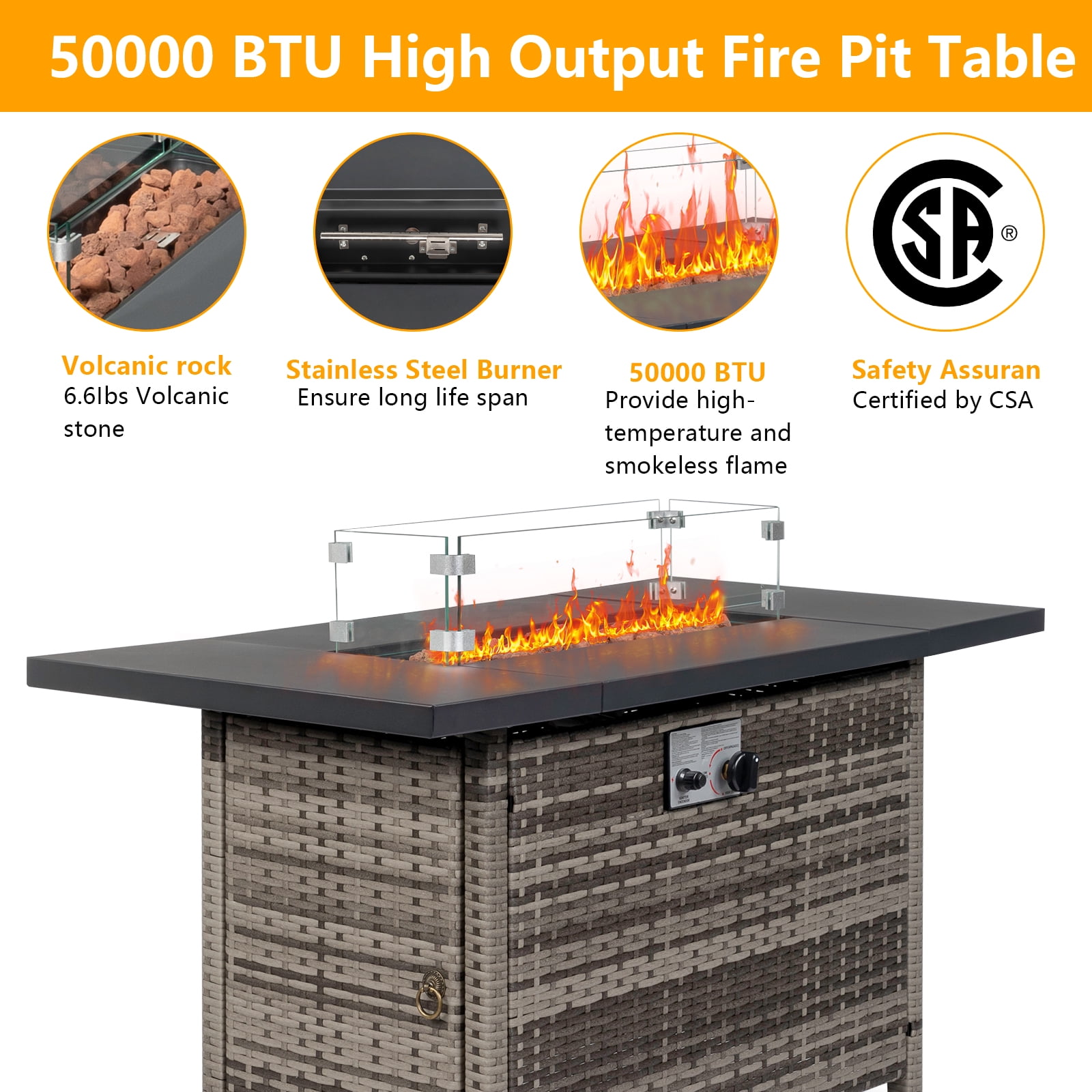 Square Propane Fire Pit Table, Outdoor Gas Fire Pit Table with Lava Rocks and Lid, Gas Heater for Bonfire Patio Garden Backyard, 28-Inch 50,000 BTU Auto-Ignition Fire Table, CSA Certification-Aldronix