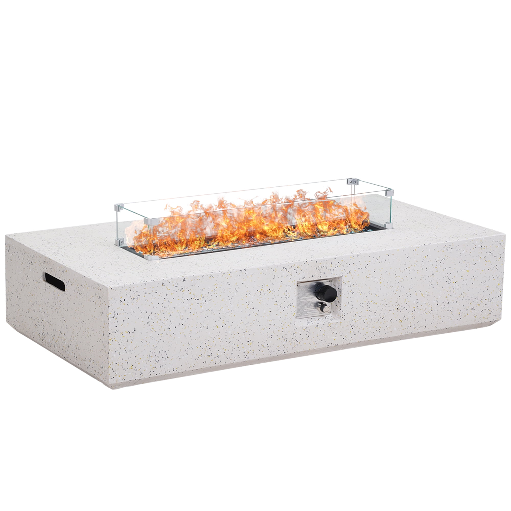 56 inch Concrete Propane Fire Pit Table, 50,000 BTU Outdoor Firepit Rectangular Table with Propane Tank Metal Stand, Fire Glass Beads and Waterproof Cover, White-Aldronix