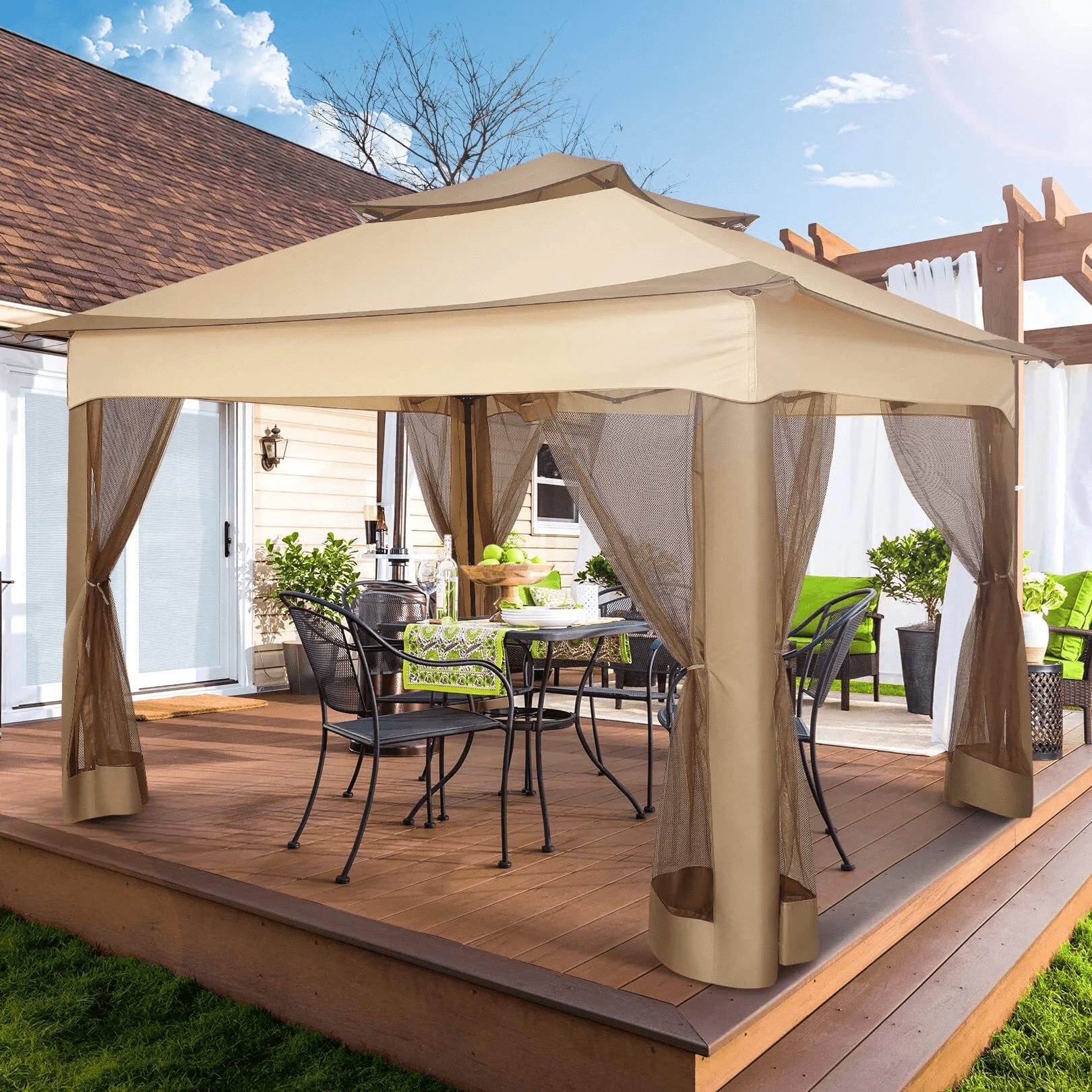 11x11 Pop up Gazebo Outdoor Canopy Gazebo Patio Gazebo with Mosquito Netting Canopy Shelter with 121 Square feet of Shade for Poolside, Garden, Party and Backyard, Khaki-Aldronix